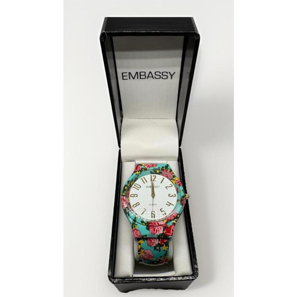 Embassy EM4157L Blue Pink Floral Wristlet Bracelet Watch New In Box